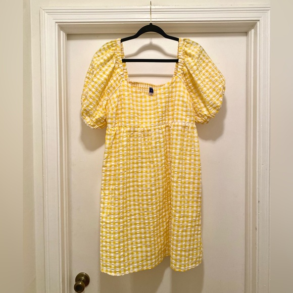 Old Navy Fit & Flare Puff-Sleeve Seersucker Gingham Mini Dress SZ Med NWT yellow - Picture 7 of 12